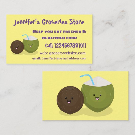 かわいいハッピーかわいいココナッツ漫画イラストレーション 名刺 (正面/裏面)