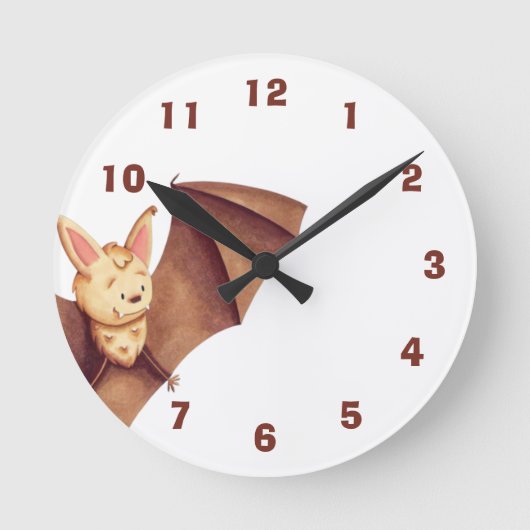 かわいいハッピーこうもり漫画子供部屋ブラウン ラウンド壁時計 (正面)