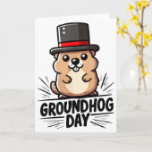 かわいいハッピーの2月2日グラウンドホッグデー フィルスのホリデー カード (黄色い花)