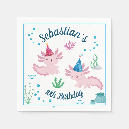 かわいいハッピーアキソトロルホワイトバースデーパーティナプキンス スタンダードカクテルナプキン (正面)