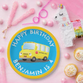 かわいいハッピーイエロースクールバスのパーソナライズされた誕生日 ペーパープレート (パーティー)