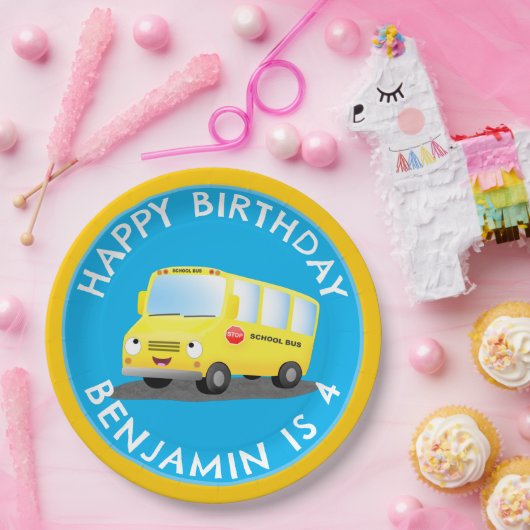 かわいいハッピーイエロースクールバスのパーソナライズされた誕生日 ペーパープレート (パーティー)
