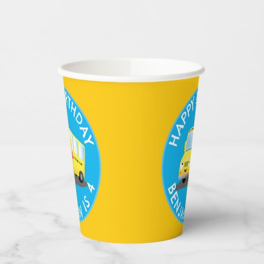 かわいいハッピーイエロースクールバスのパーソナライズされた誕生日 紙コップ (左)