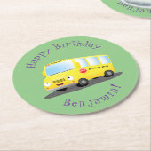 かわいいハッピーイエロースクールバスアニメ ラウンドペーパーコースター (アングル)