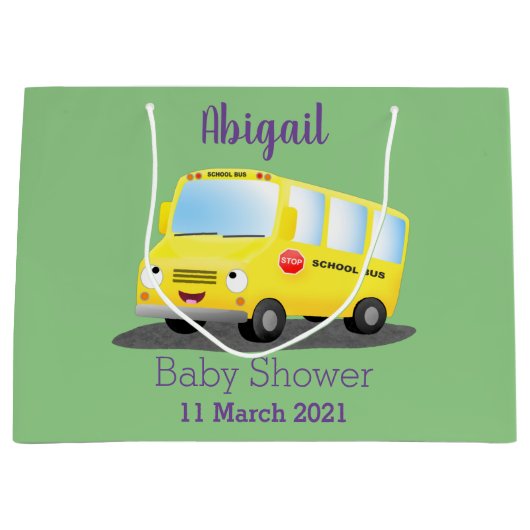 かわいいハッピーイエロースクールバスアニメ ラージペーパーバッグ (正面)