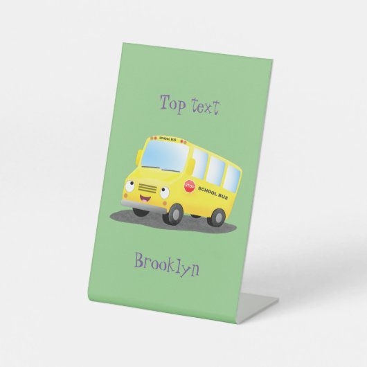 かわいいハッピーイエロースクールバスアニメ 台座サイン (正面)