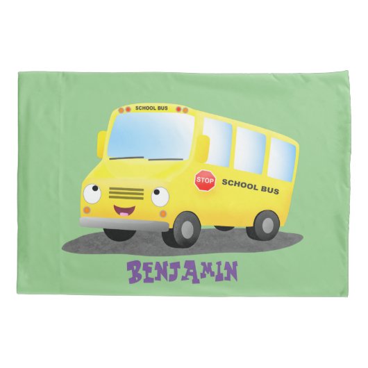 かわいいハッピーイエロースクールバスアニメ 枕カバー (裏面)