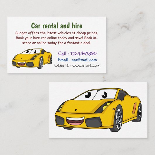 かわいいハッピーイエロースポーツカーアニメ 名刺 (正面/裏面)