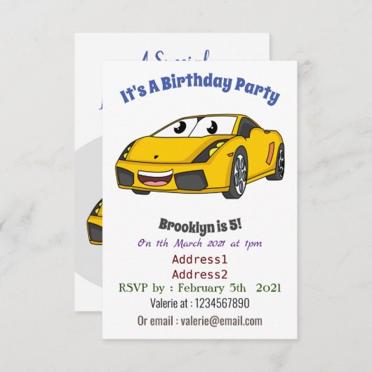 かわいいハッピーイエロースポーツカーアニメ 招待状 (正面/裏面)
