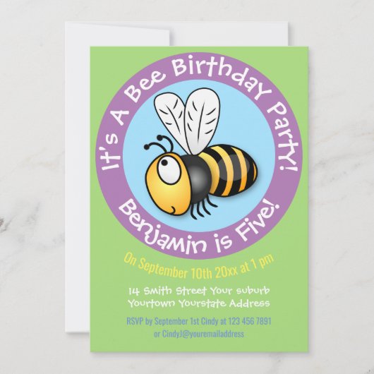 かわいいハッピーイエロービー漫画イラストレーション 招待状 (正面)