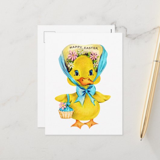かわいいハッピーイースターアヒルヴィンテージ シーズンポストカード (正面/裏面インサイチュ)