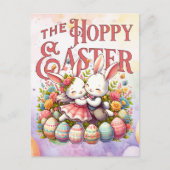 かわいいハッピーイースターウォーターカラーバニー&エッグイースター シーズンポストカード (正面)