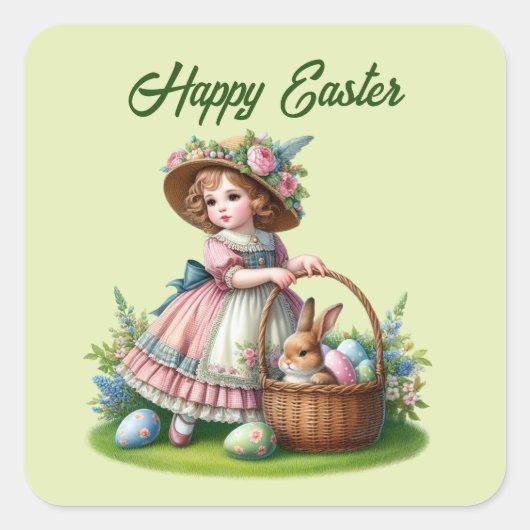 かわいいハッピーイースターガール追加文字 スクエアシール (正面)
