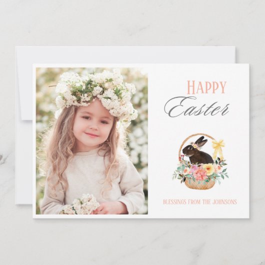 かわいいハッピーイースターバニーのバスケット写真 シーズンカード (正面)