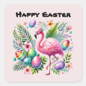かわいいハッピーイースターピンクフラミンゴ スクエアシール (正面)