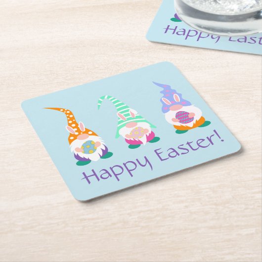 かわいいハッピーイースター格言バニー耳春カラー スクエアペーパーコースター (アングル)