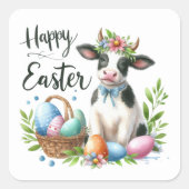 かわいいハッピーイースター牛の水色 スクエアシール (正面)