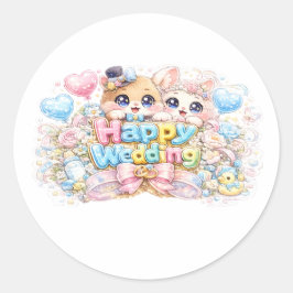 かわいいハッピーウェディングカップル動物パステルPi ラウンドシール