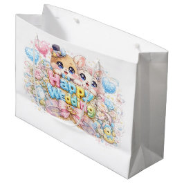 かわいいハッピーウェディングカップル動物パステルPi ラージペーパーバッグ