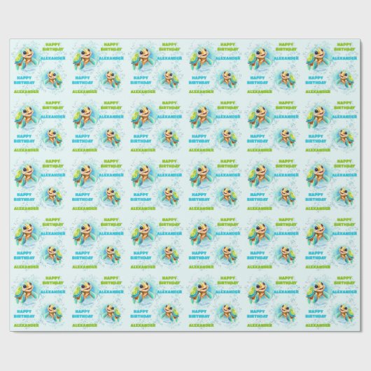 かわいいハッピーウミガメ男の子の名前の最初の誕生日 ラッピングペーパー (フラット)