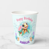 かわいいハッピーウミガメ1歳カラフル誕生日 紙コップ (裏面)
