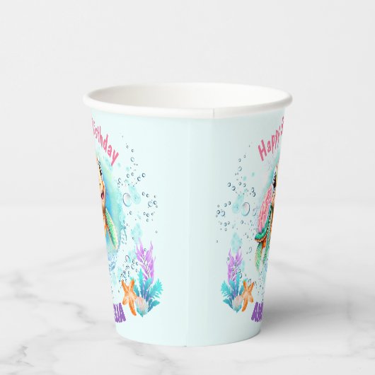 かわいいハッピーウミガメ1歳カラフル誕生日 紙コップ (右)