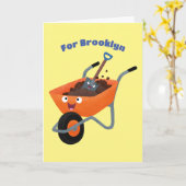 かわいいハッピーオレンジの手押し車のカートゥーンイラストレーション カード (黄色い花)