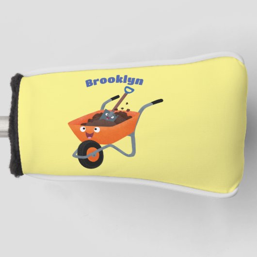 かわいいハッピーオレンジの手押し車のカートゥーンイラストレーション ゴルフヘッドカバー (正面)