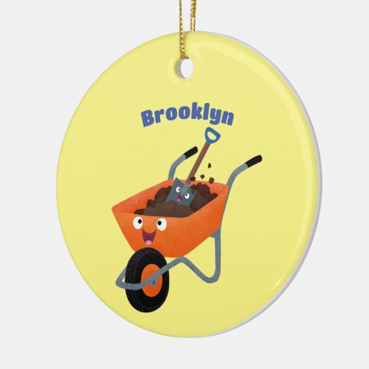 かわいいハッピーオレンジの手押し車のカートゥーンイラストレーション セラミックオーナメント (左)