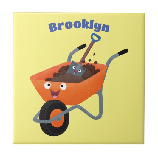 かわいいハッピーオレンジの手押し車のカートゥーンイラストレーション タイル (正面)