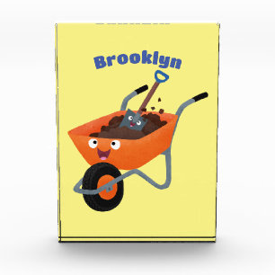 かわいいハッピーオレンジの手押し車のカートゥーンイラストレーション フォトブロック