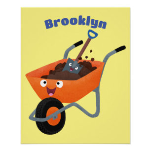 かわいいハッピーオレンジの手押し車のカートゥーンイラストレーション ポスター