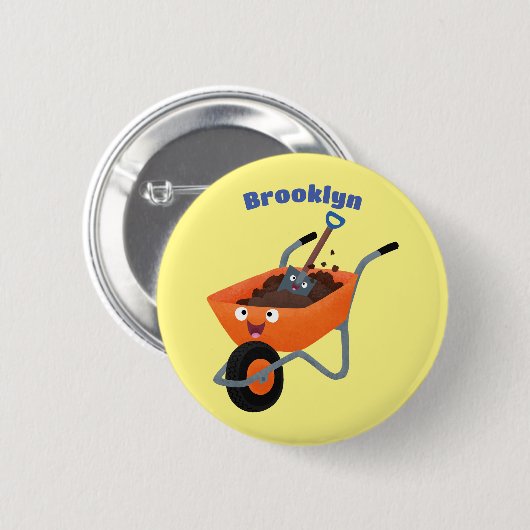 かわいいハッピーオレンジの手押し車のカートゥーンイラストレーション 缶バッジ (正面&裏面)