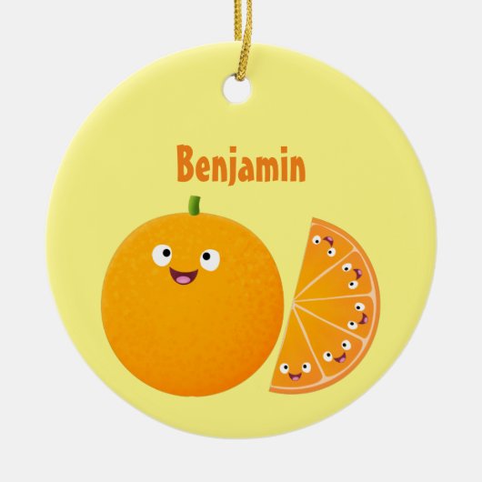 かわいいハッピーオレンジの柑橘系フルーツマンガ セラミックオーナメント (正面)