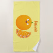 かわいいハッピーオレンジの柑橘系フルーツマンガ ビーチタオル (正面)