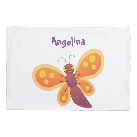 かわいいハッピーオレンジ色の蝶の漫画イラストレーション 枕カバー (裏面)