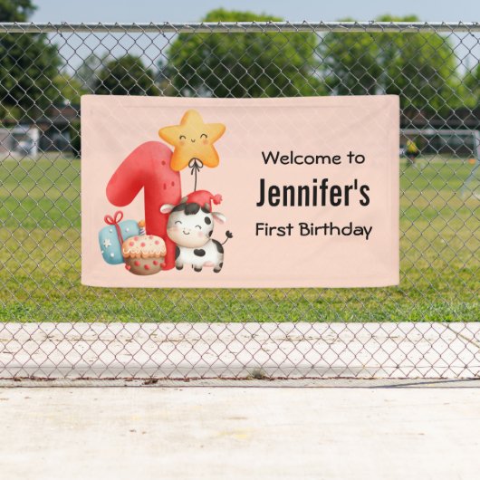 かわいいハッピーカウズ1歳の誕生日へようこそ 横断幕 (インサイチュ)