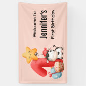 かわいいハッピーカウズ1歳の誕生日へようこそ 横断幕 (縦)