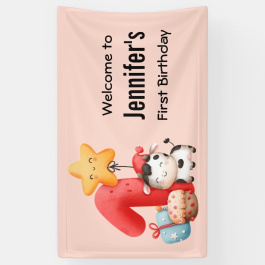 かわいいハッピーカウズ1歳の誕生日へようこそ 横断幕 (縦)