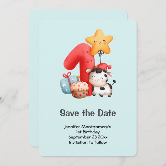かわいいハッピーカウー1歳の誕生日 セーブザデート (正面/裏面)
