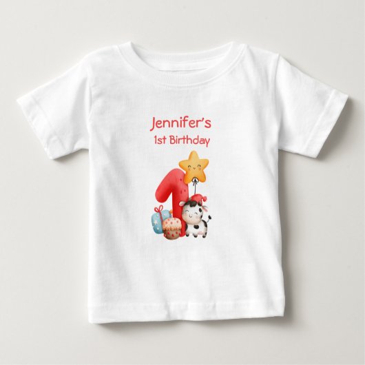 かわいいハッピーカウー1歳の誕生日 ベビーTシャツ (正面)