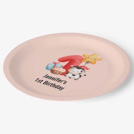 かわいいハッピーカウー1歳の誕生日 ペーパープレート (アングル)