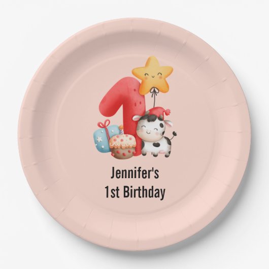 かわいいハッピーカウー1歳の誕生日 ペーパープレート (正面)