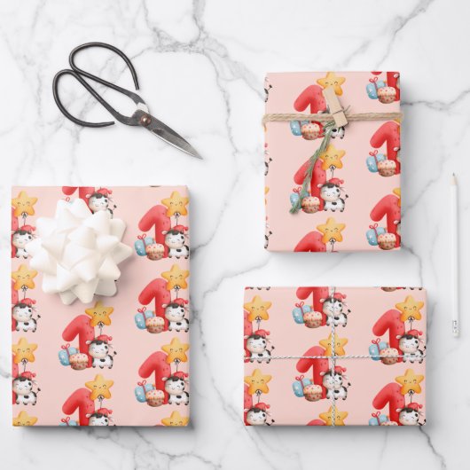 かわいいハッピーカウー1歳の誕生日 ラッピングペーパーシート (正面)