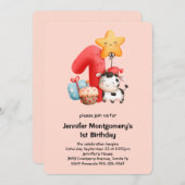 かわいいハッピーカウー1歳の誕生日 招待状 (正面/裏面)