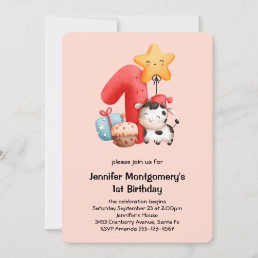 かわいいハッピーカウー1歳の誕生日 招待状 (正面)