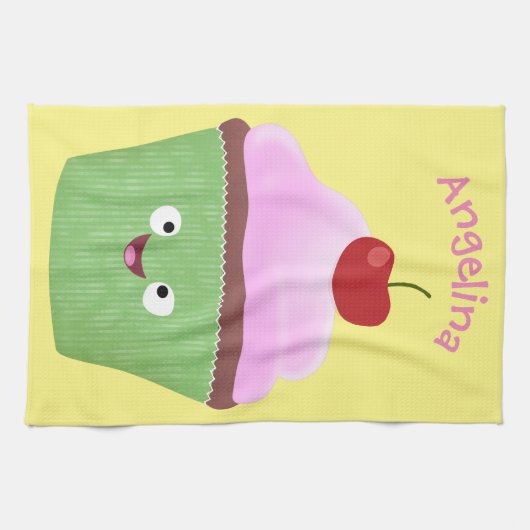 かわいいハッピーカップケーキ漫画イラストレーション キッチンタオル (横)