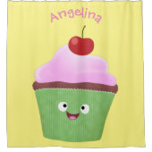 かわいいハッピーカップケーキ漫画イラストレーション シャワーカーテン (正面)