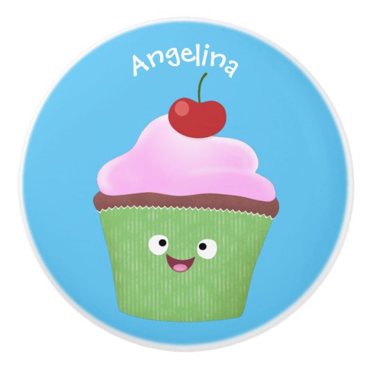 かわいいハッピーカップケーキ漫画イラストレーション セラミックノブ (正面)