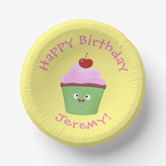 かわいいハッピーカップケーキ漫画イラストレーション ペーパーボウル (正面)